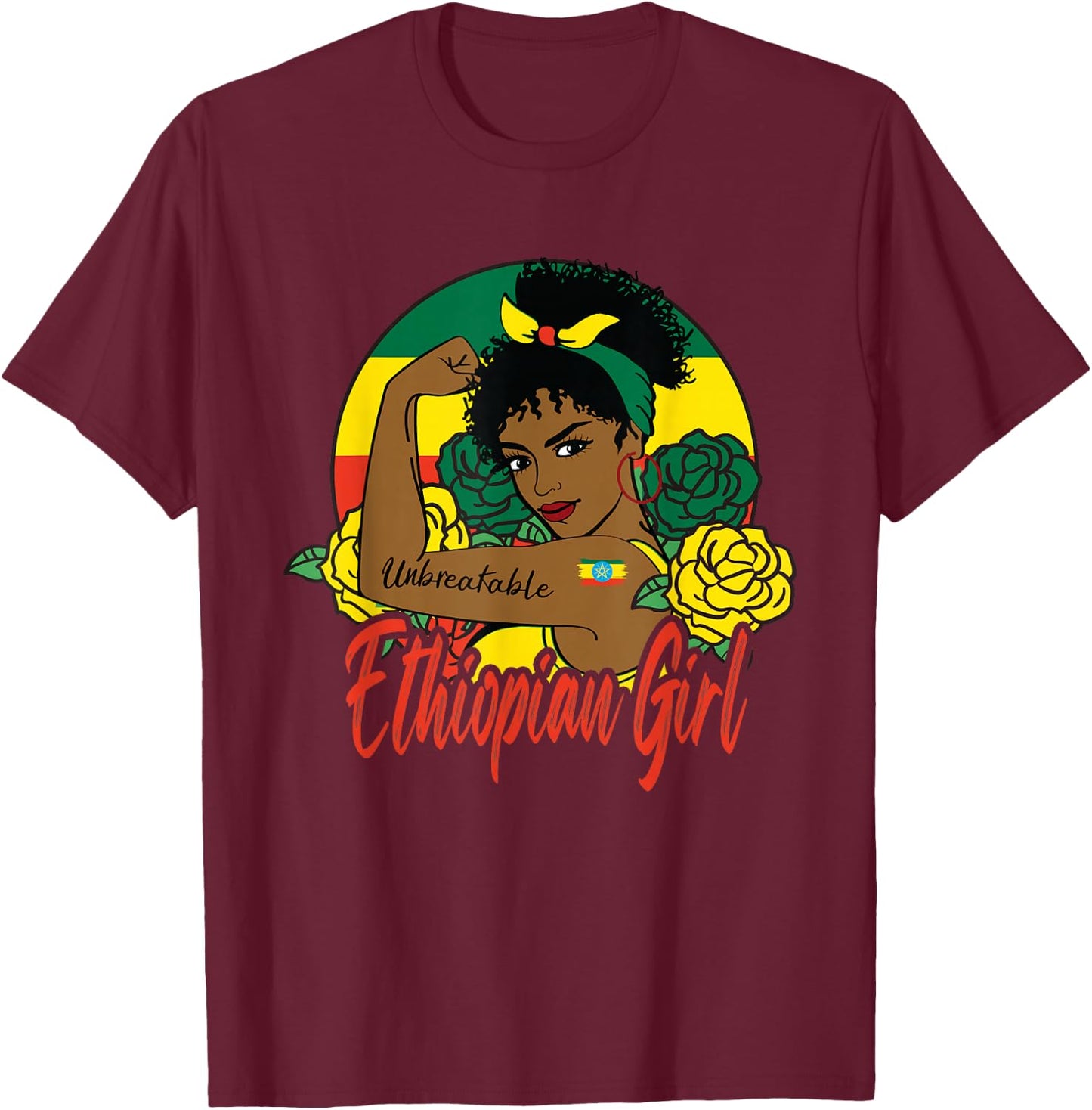Ethiopian Girl Ethiopia Woman Habesha Flag T-Shirt - T-Shirt | Maroon