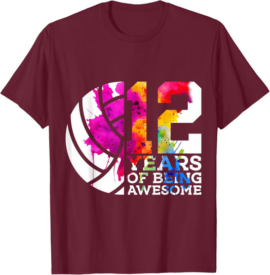 12 Years of Being Awesome Volleyball 12th Birthday T-Shirt - T-Shirt | Maroon