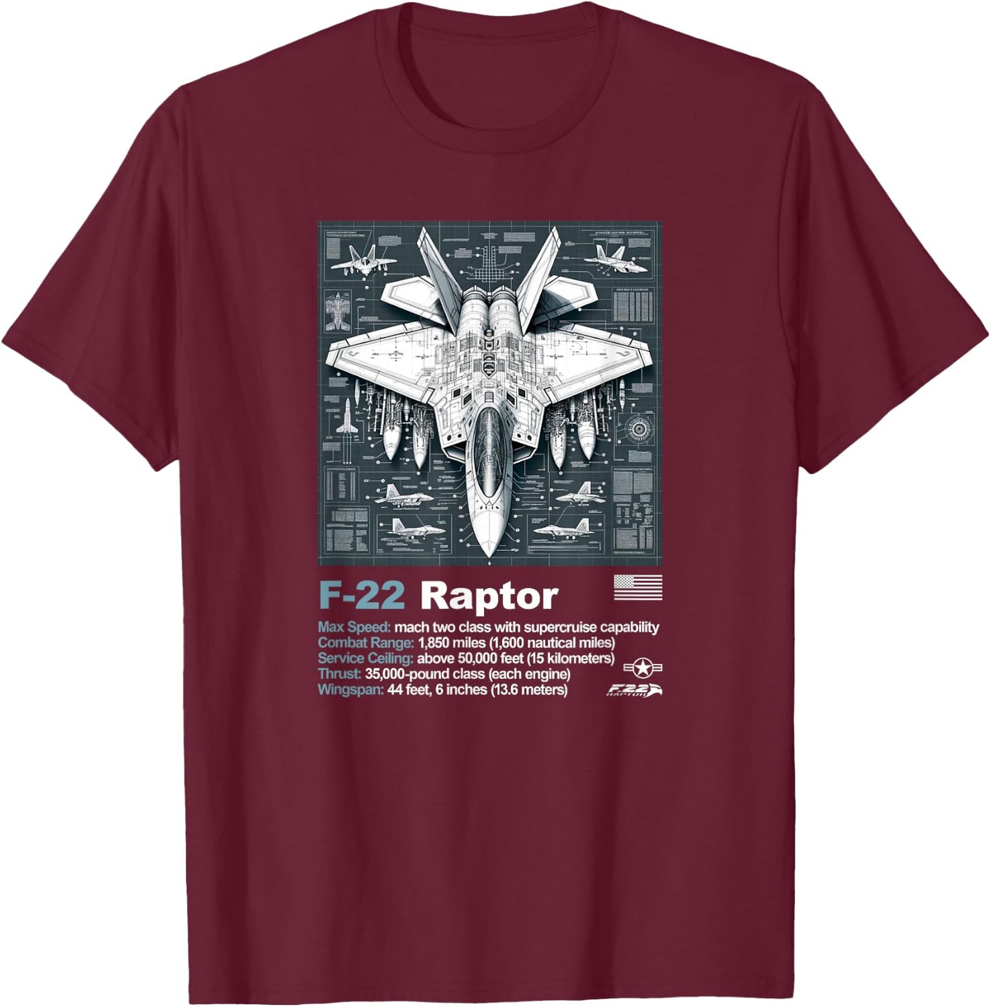 F22 Raptor Fighter Jet Blueprint Technical Drawing & Specs T-Shirt - T-Shirt | Maroon
