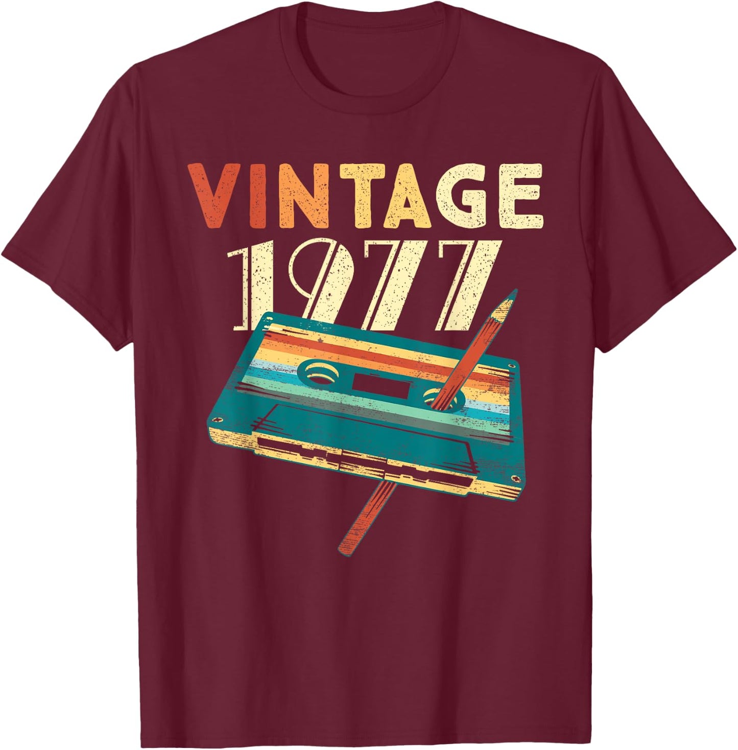 Vintage 1977 Music Cassette 48th Birthday Gifts 48 Years Old T-Shirt - T-Shirt | Maroon