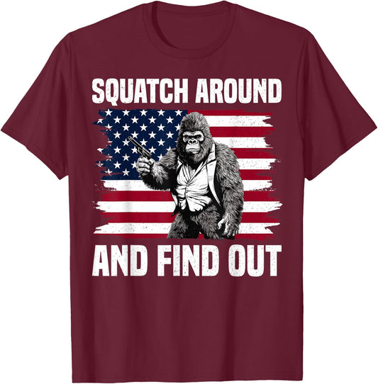 Squatch Around And Find Out Bigfoot With Gun American Flag T-Shirt - T-Shirt | Maroon