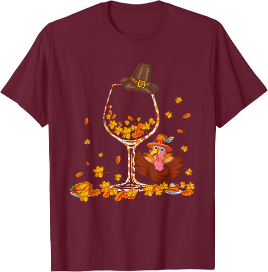 Fall Leaves Floral As Wine Glasses Shape Thanksgiving Turkey T-Shirt - T-Shirt | Maroon