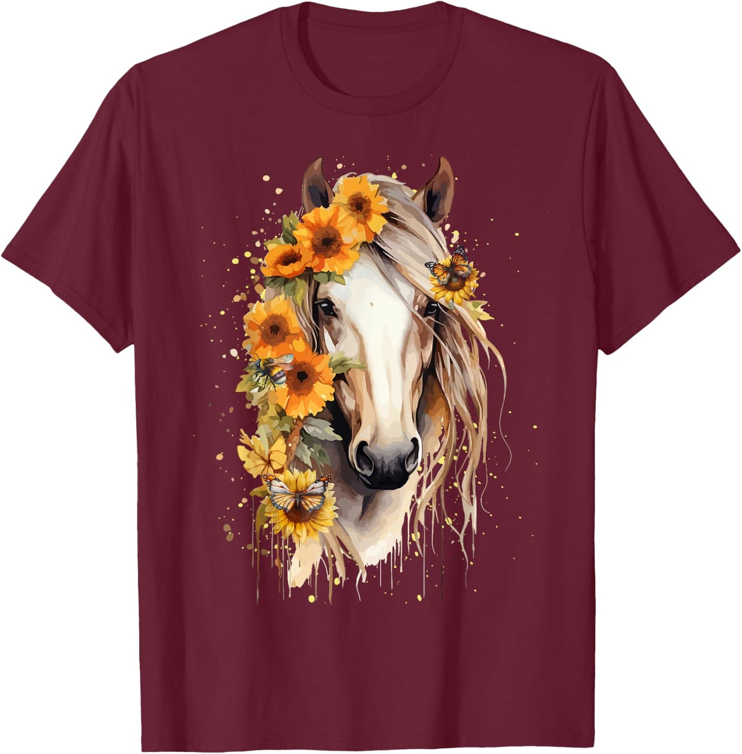 Just a girl who loves horses Co. Sunflower Horse Portrait CowGirl Equestrian Horseback Riding T-Shirt - T-Shirt | Maroon
