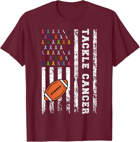 Tackle Football Multicolor Ribbons All Cancer Awareness Kid T-Shirt - T-Shirt | Maroon