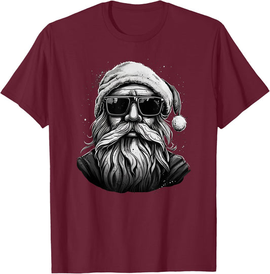 Funny Cool Santa Face Hipster with Beard & Glasses Christmas T-Shirt - T-Shirt | Maroon
