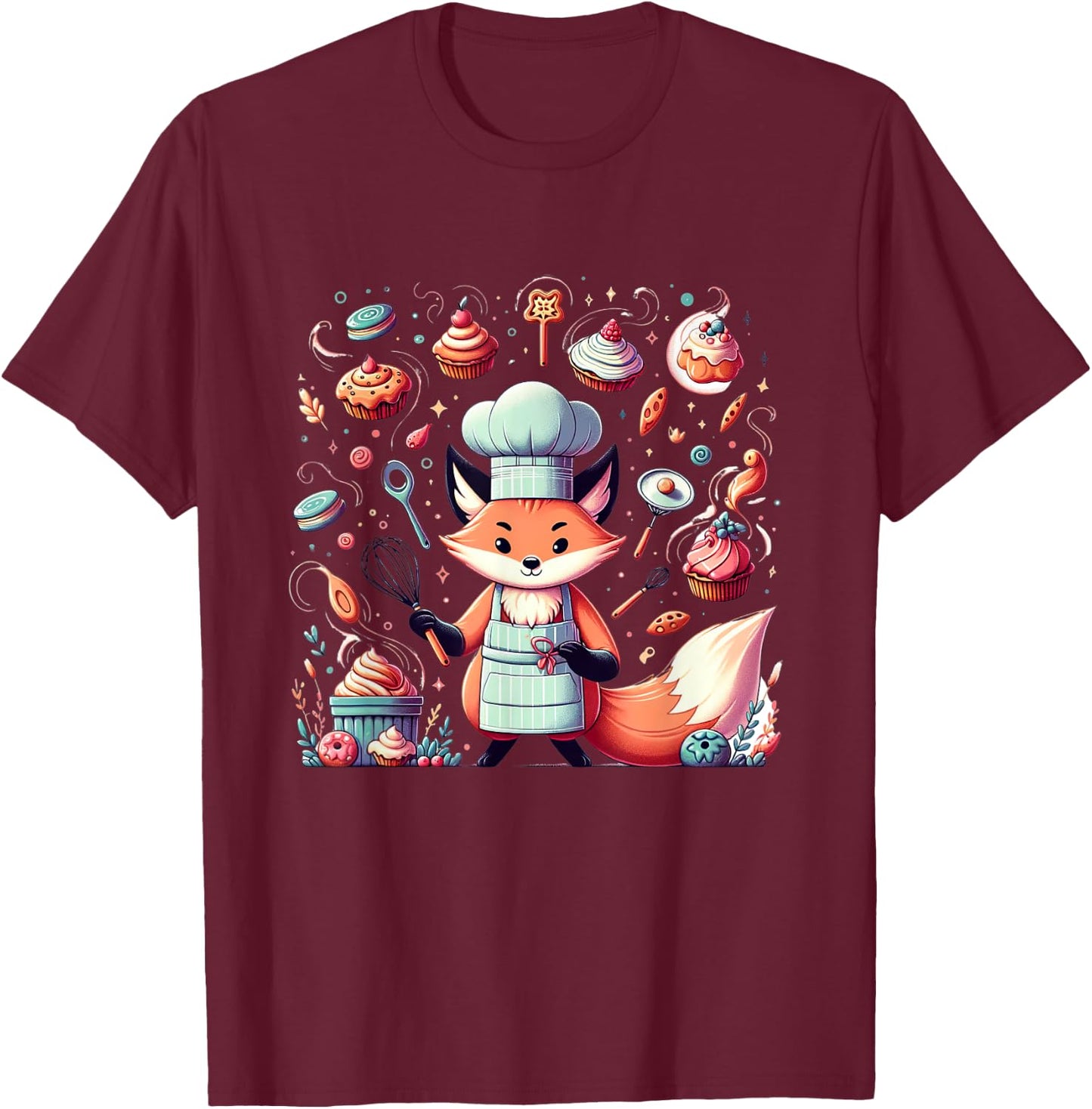 Magical Baker Fox in Enchanted Kitchen T-Shirt - T-Shirt | Maroon