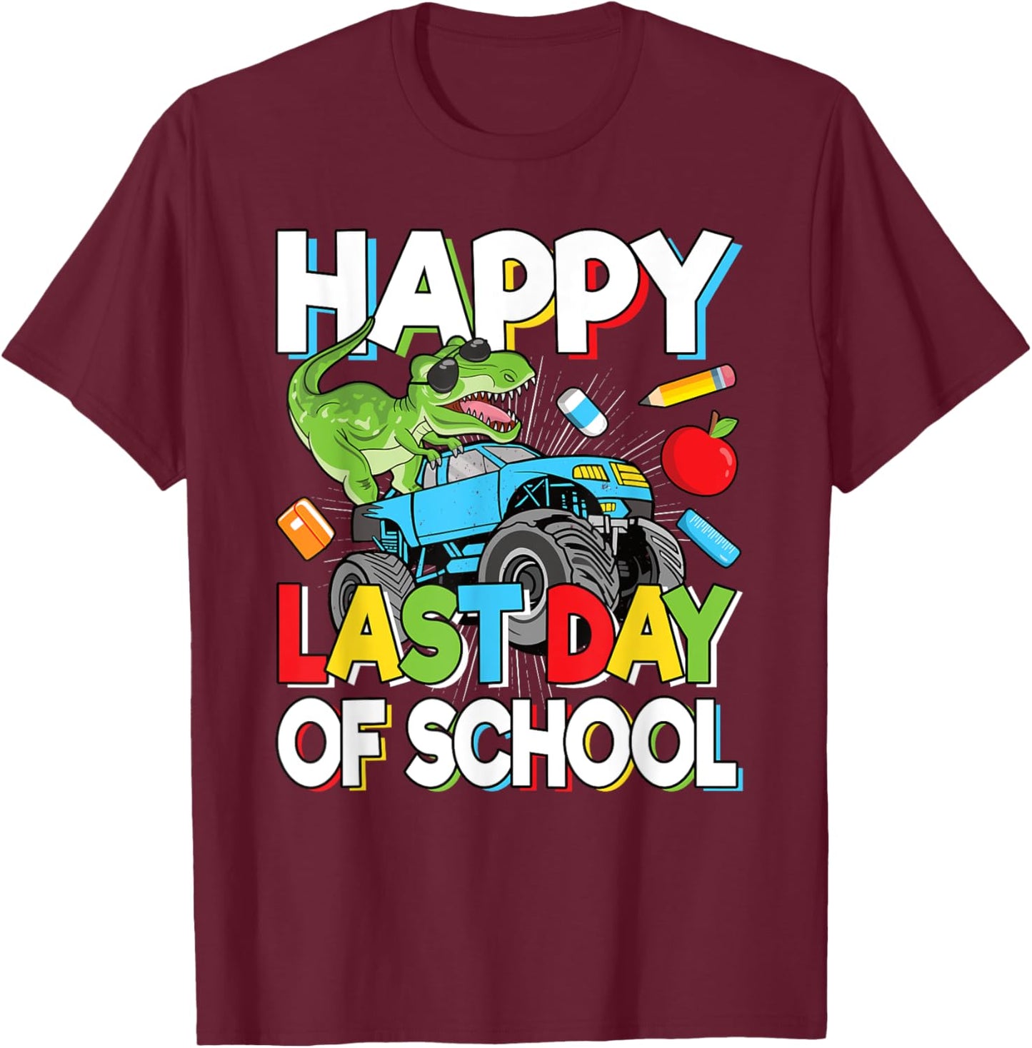 Happy Last Day Of School Student Dinosaur T-Rex Boys Kids T-Shirt - T-Shirt | Maroon