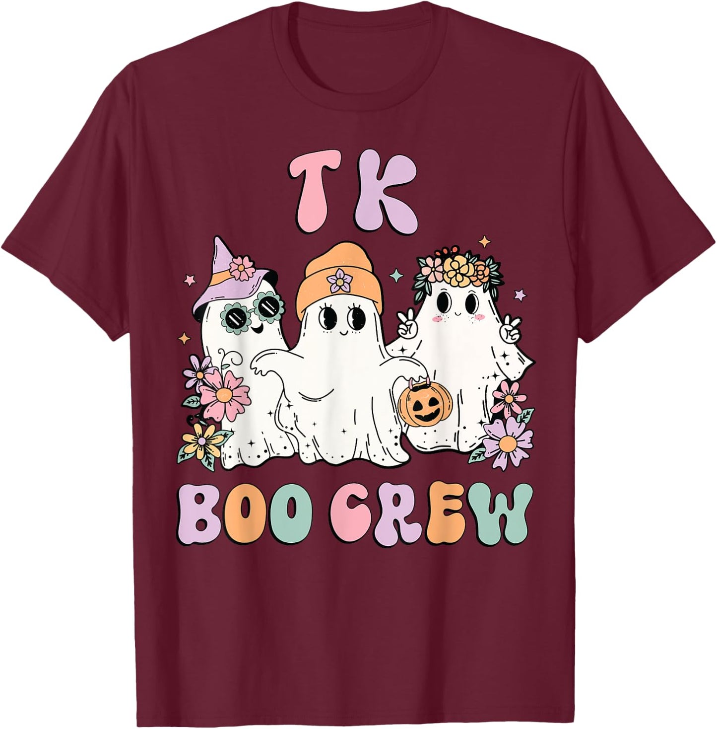 TK Boo Crew Retro Groovy Halloween Floral Ghost TK Teacher T-Shirt - T-Shirt | Maroon