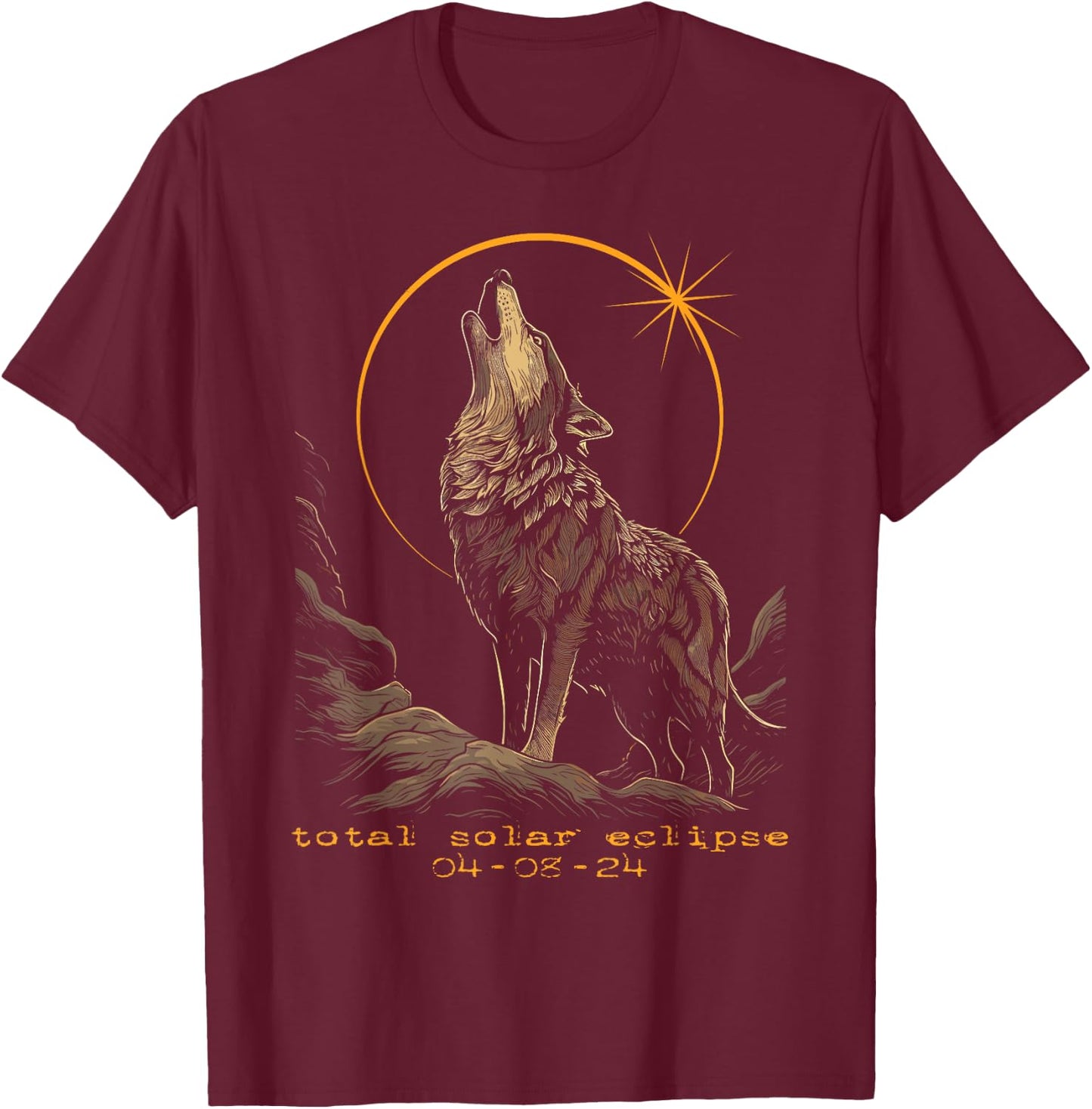 2024 Total Solar Eclipse April 8 Wolf T-Shirt - T-Shirt | Maroon