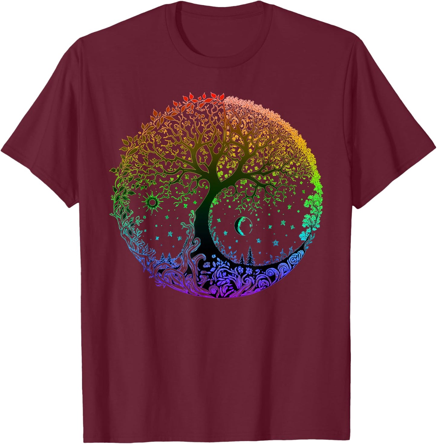 Tree of Life Sun Moon Seasons Mandala Chakras Yoga Graphic T-Shirt - T-Shirt | Maroon