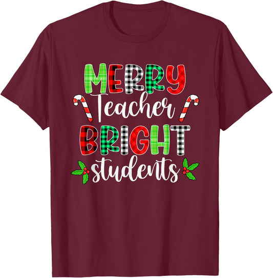 Plaid Merry Teacher Bright Students Funny Christmas Teacher T-Shirt - T-Shirt | Maroon