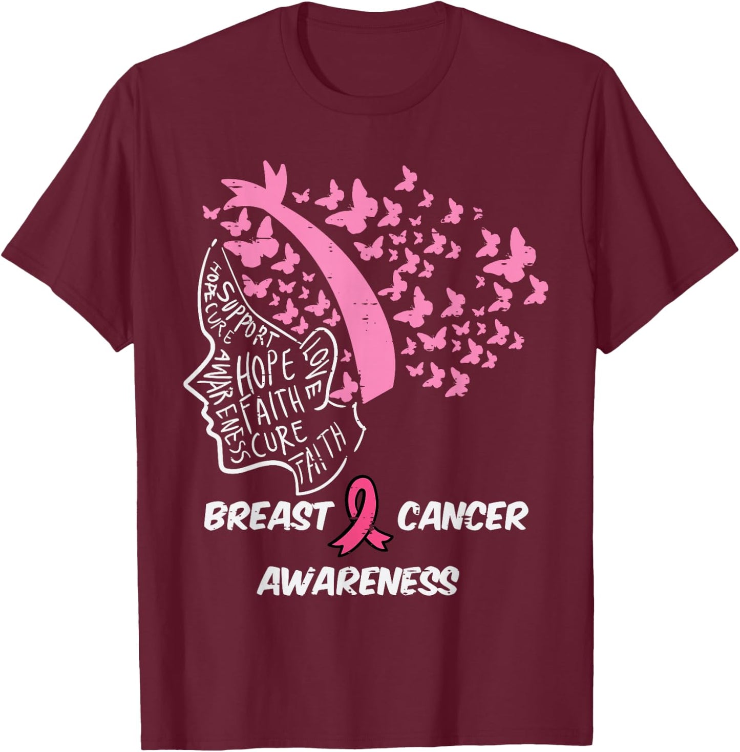 Butterfly Pink Ribbon Woman Breast Cancer Awareness Women T-Shirt - T-Shirt | Maroon