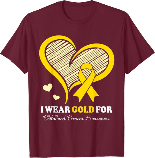 I Wear Gold For Childhood Cancer Hope and Support Cute Heart T-Shirt - T-Shirt | Maroon