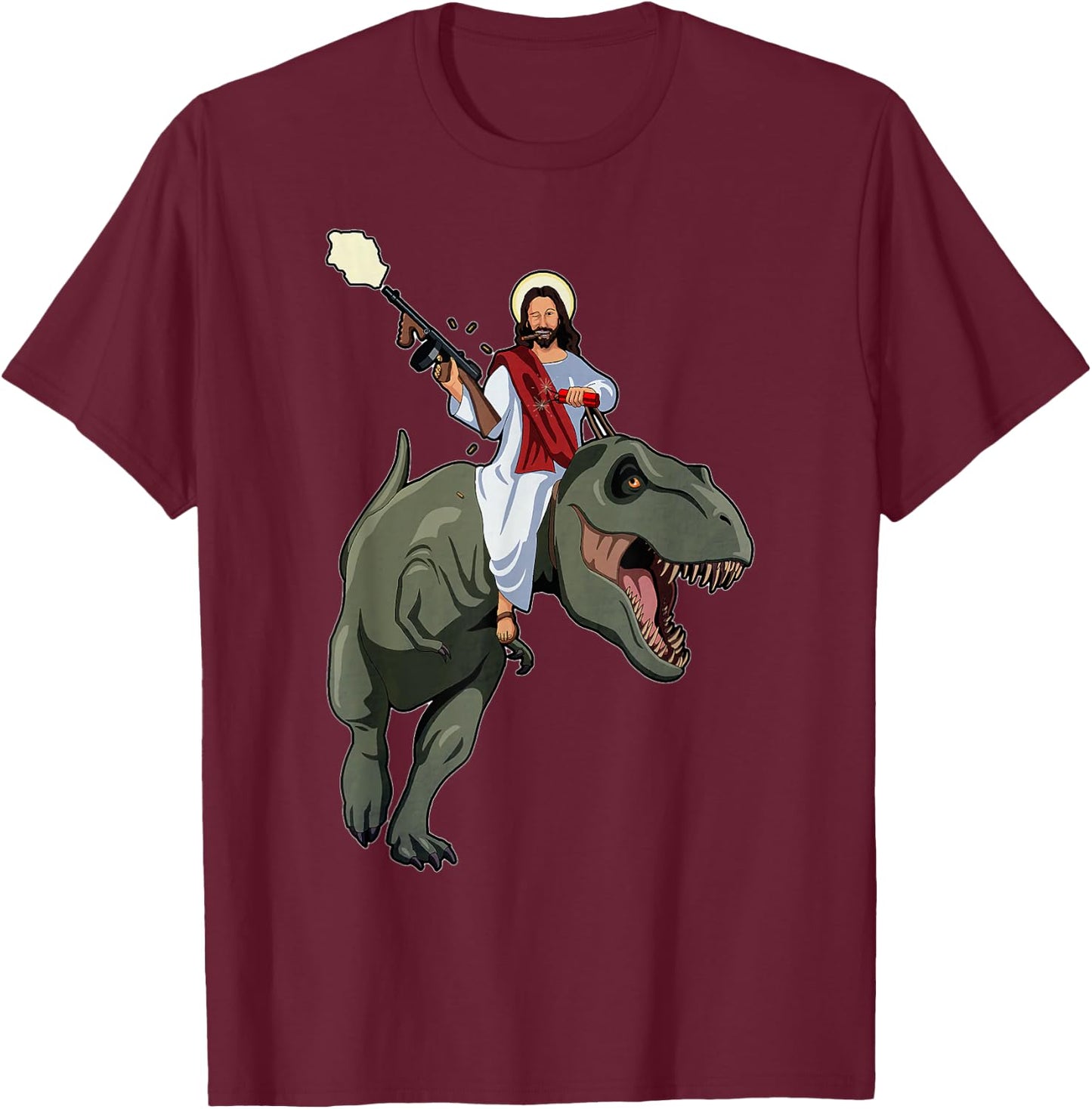 Gun Jesus Riding A T-rex Dinosaur Funny Christian Dino Lover T-Shirt - T-Shirt | Maroon