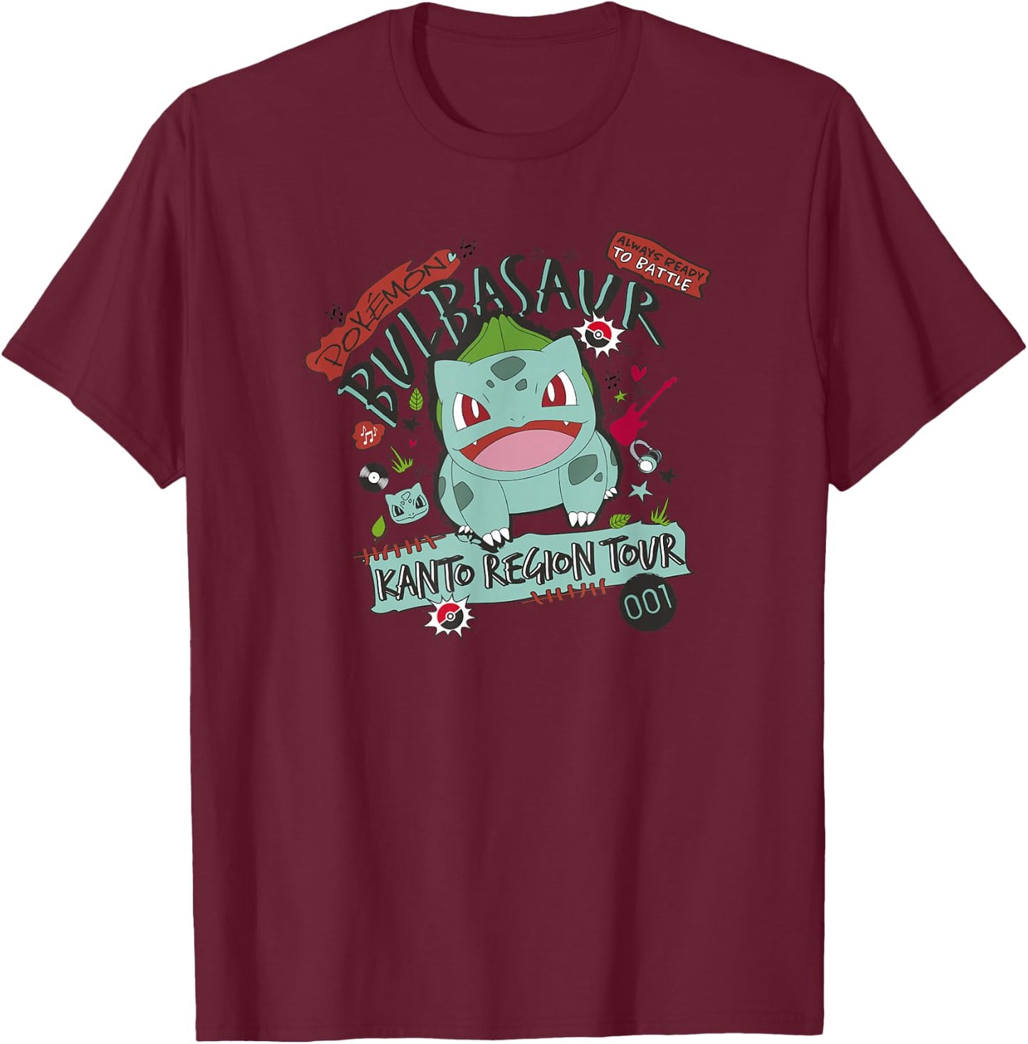 Pokémon Bulbasaur 001 Kanto Region Tour Music Poster T-Shirt - T-Shirt | Maroon