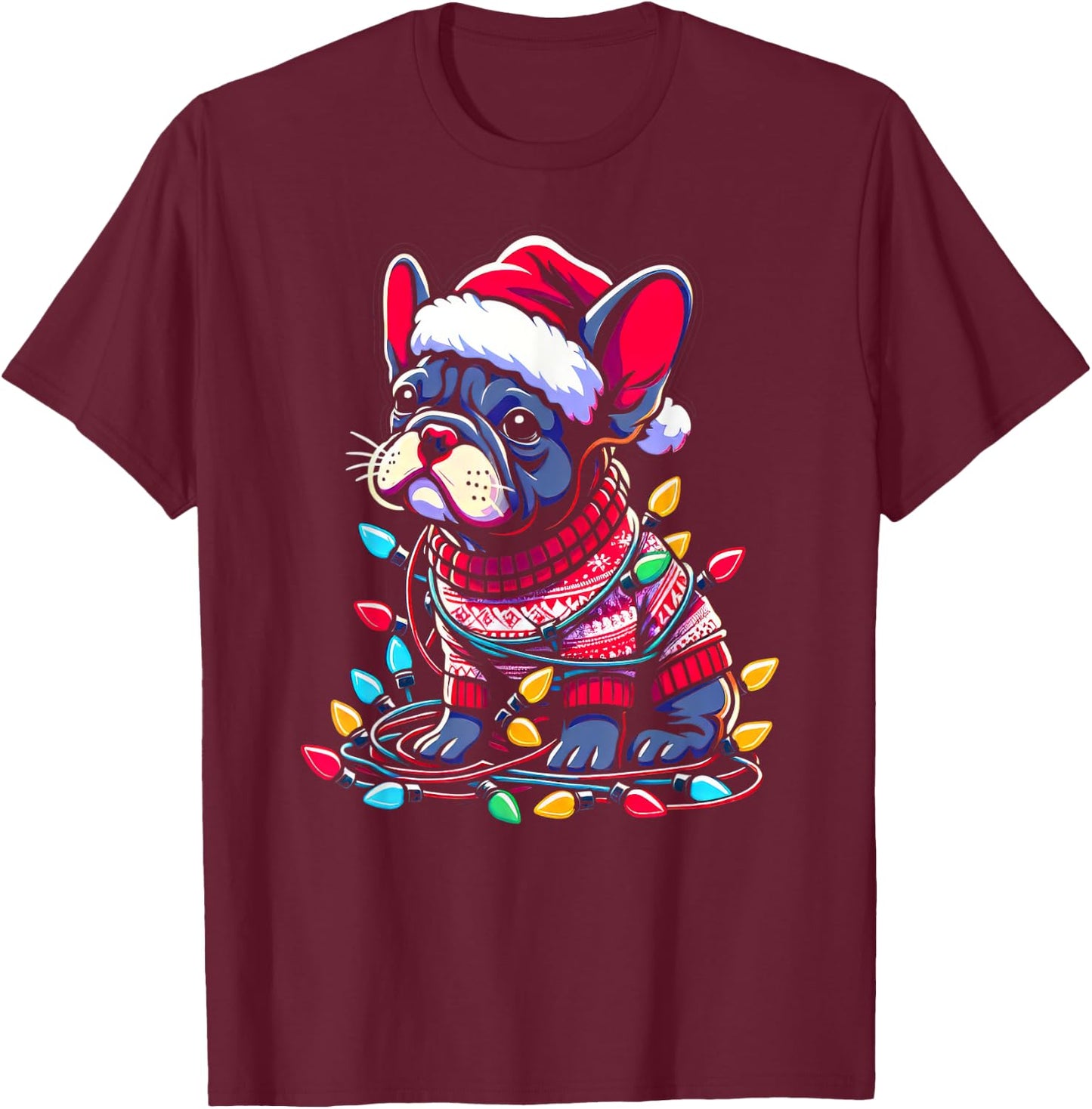 Funny Frenchie Tree Xmas Lights Pajama T-Shirt - T-Shirt | Maroon