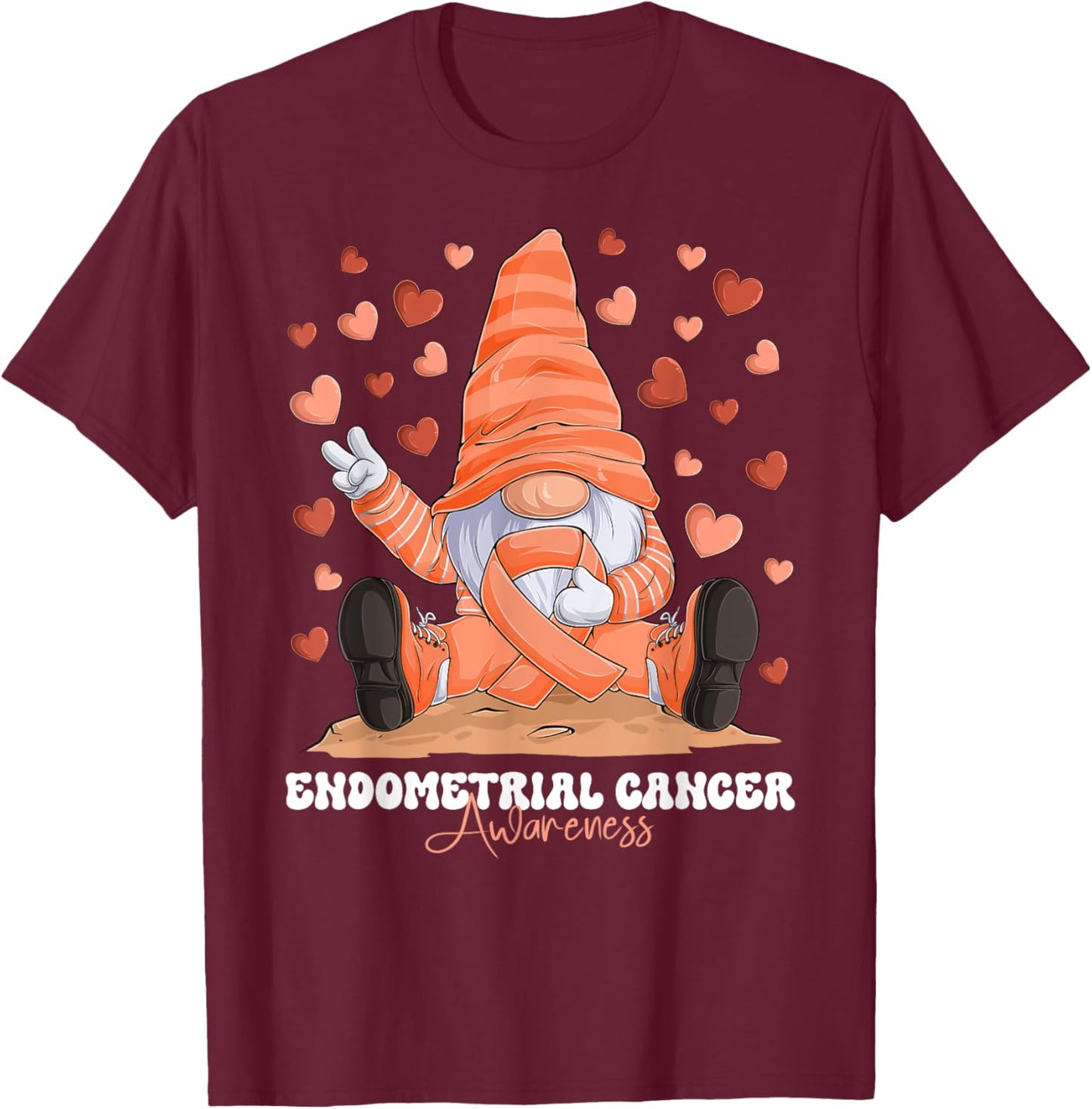 Endometrial Cancer Awareness Month Peach Ribbon Gnome T-Shirt - T-Shirt | Maroon