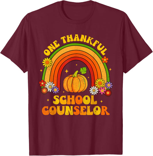 One Thankful School Counselor Groovy Rainbow Thanksgiving T-Shirt - T-Shirt | Maroon