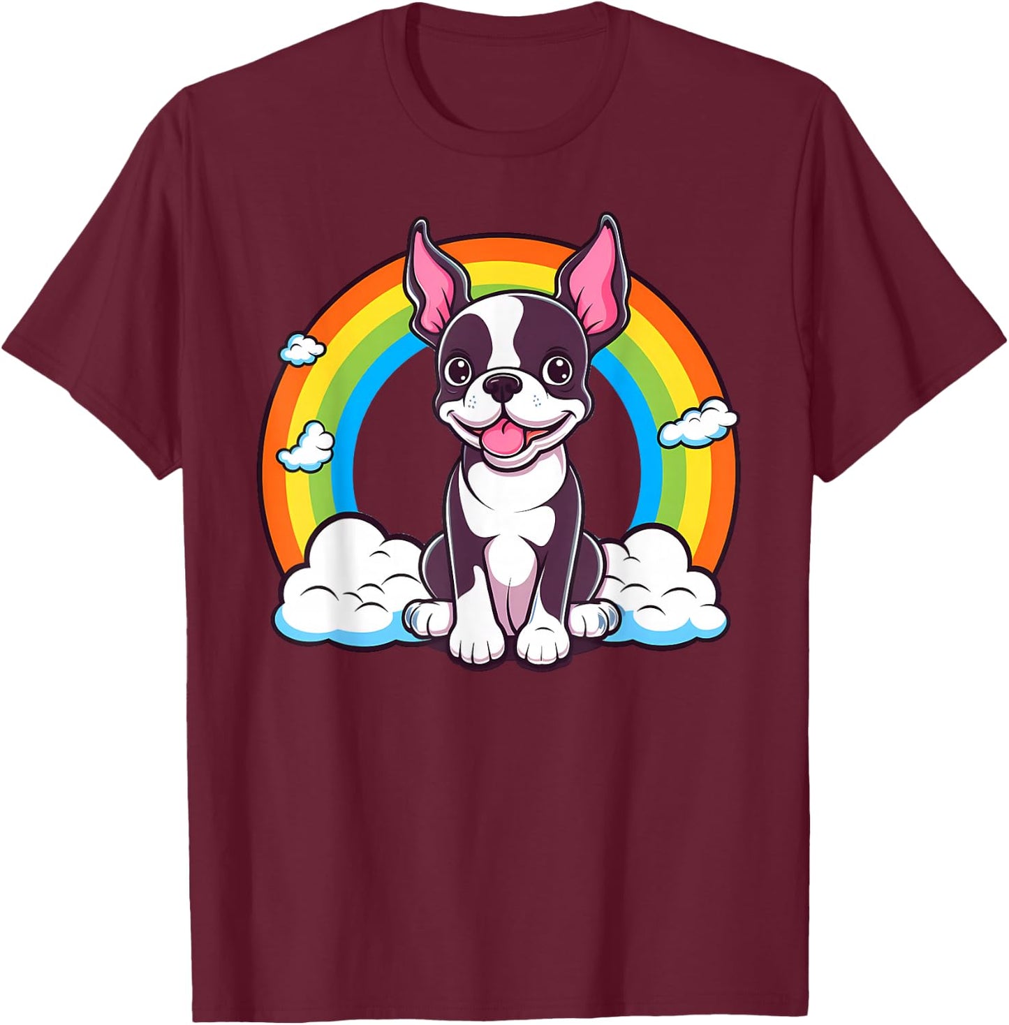 Cute Boston Terrier Rainbow Kawaii Puppy Dog T-Shirt - T-Shirt | Maroon