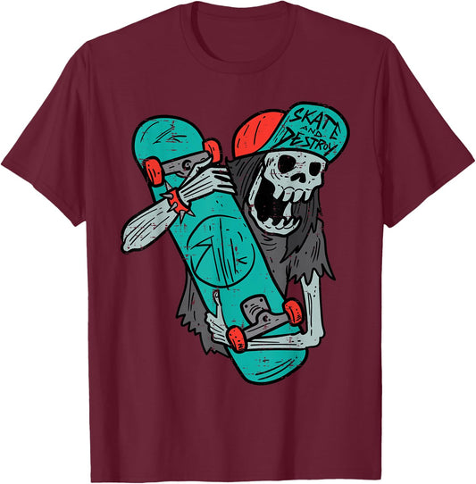 Skater Skeleton Retro VIntage Skateboard Halloween Boys T-Shirt - T-Shirt | Maroon