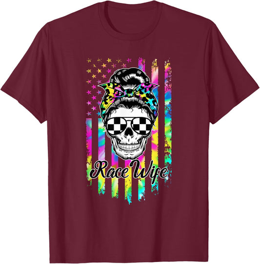 Race Wife American Flag Racing Wife of A Racer Wife T-Shirt - T-Shirt | Maroon