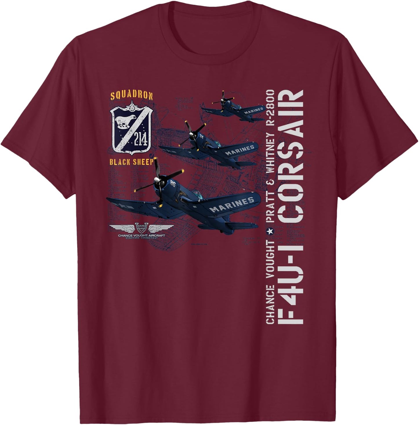 WWII AVIATION APPAREL F4U-1 CORSAIR (214) - -Adults and Kids - Blue - Small T-Shirt - T-Shirt | Maroon