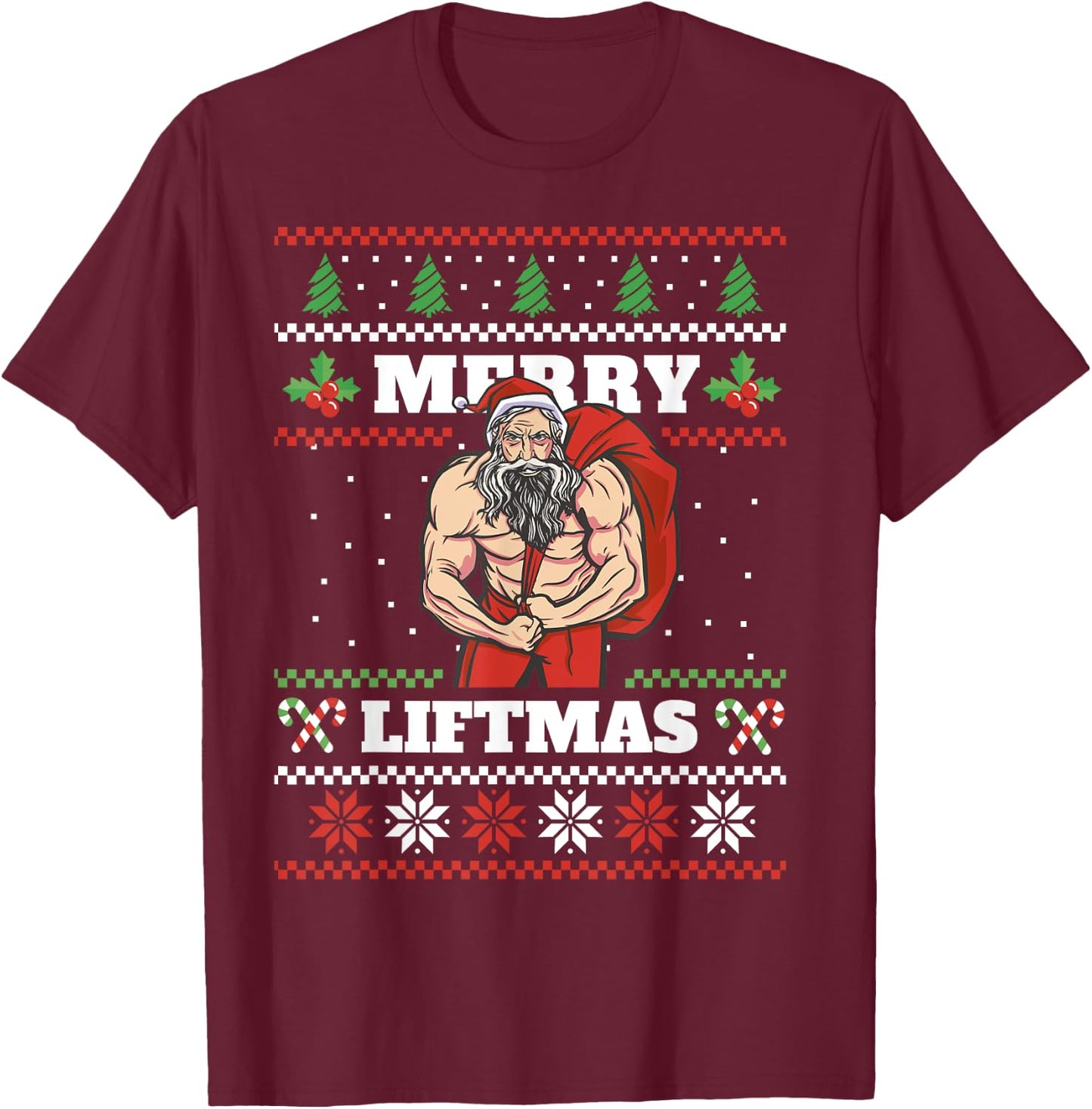 Funny Muscle Santa Lifting Christmas Ugly Christmas T-Shirt - T-Shirt | Maroon