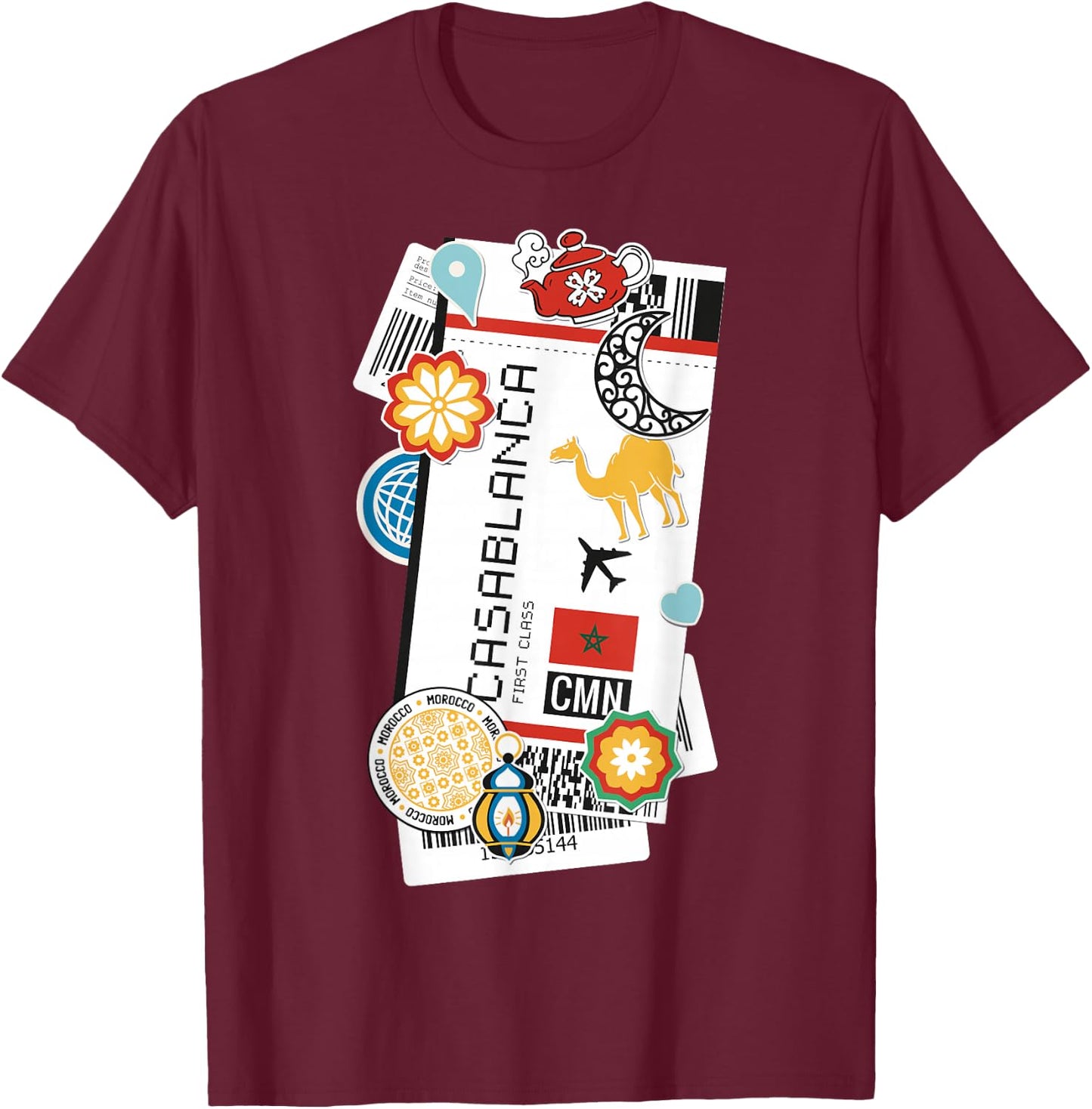 Casablanca Air Ticket Boarding Pass Plane Morroco Travel T-Shirt - T-Shirt | Maroon
