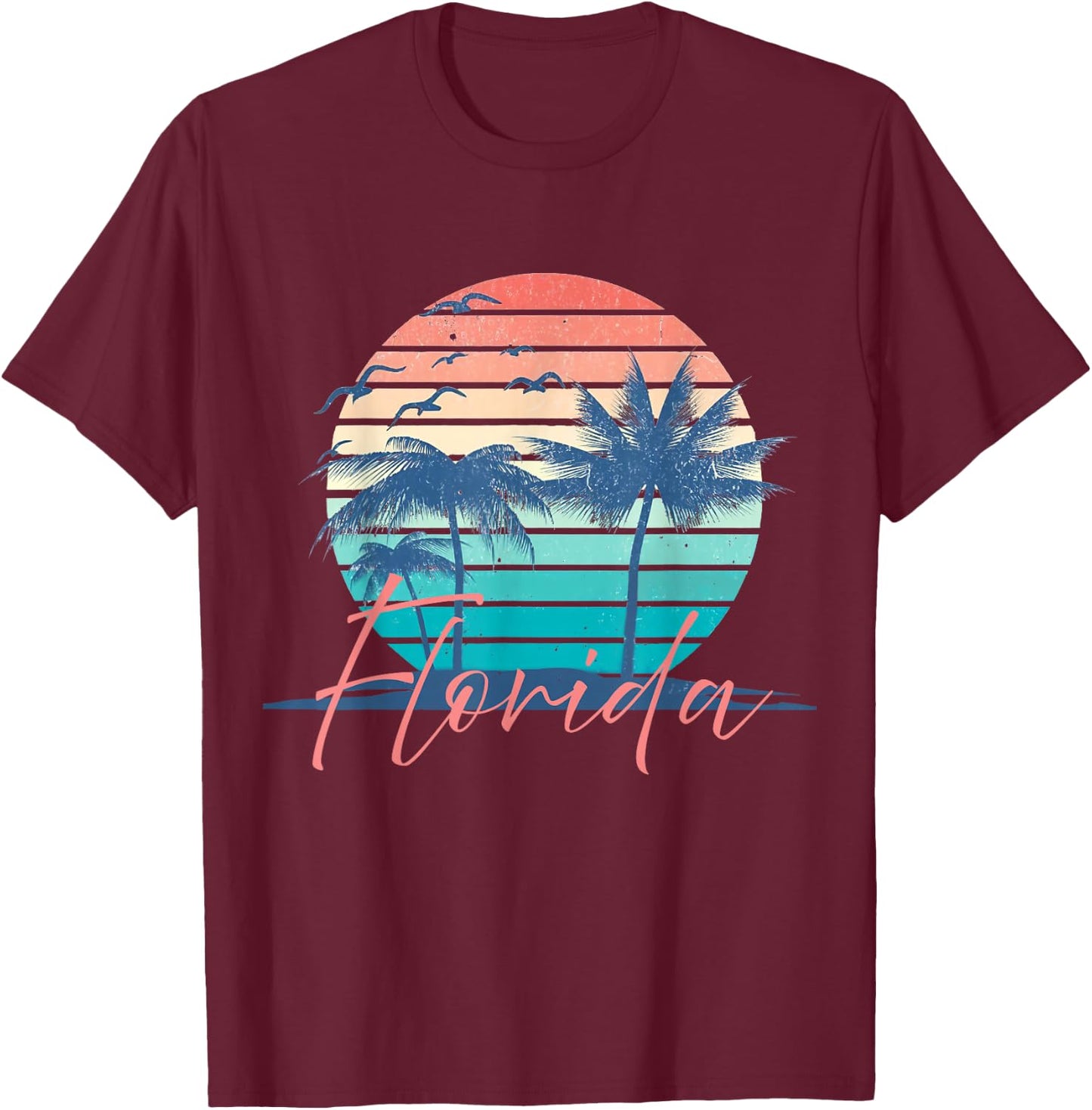 Florida Vintage Summer Vibes Beach Sunset Retro Palm Tree T-Shirt - T-Shirt | Maroon