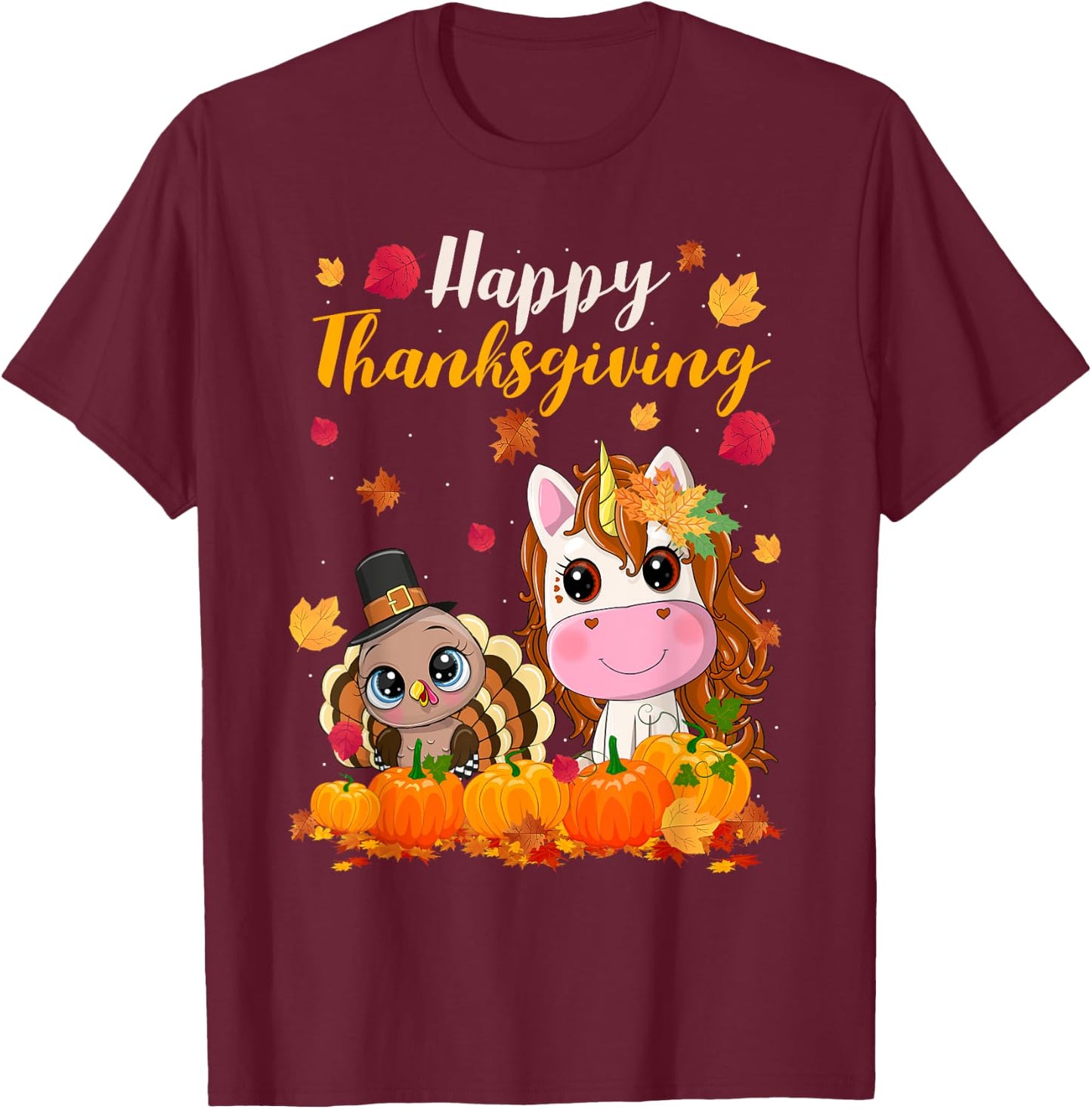 Cute Unicorn Turkey Pilgrim Thanksgiving Fall Little Girls T-Shirt - T-Shirt | Maroon