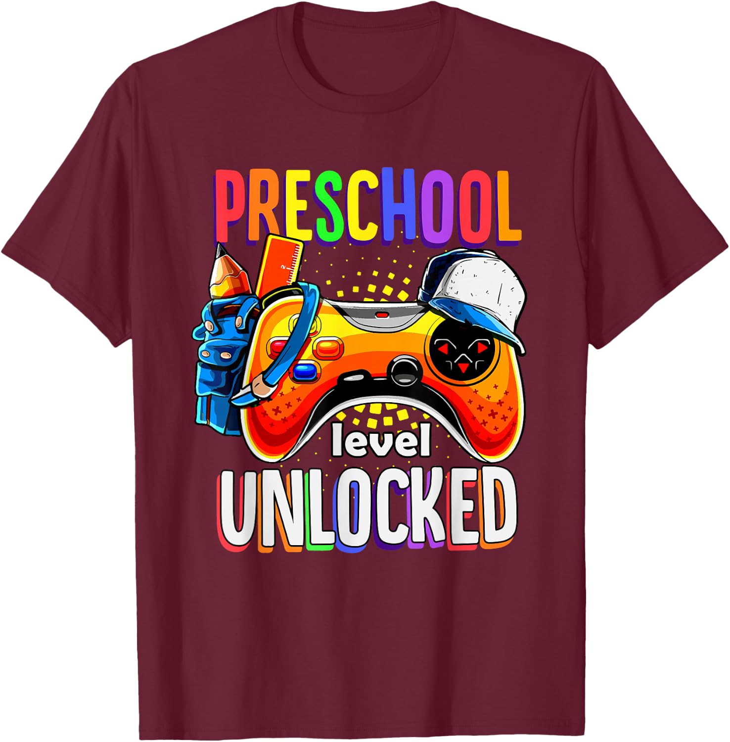 Gamer Back To School Gamepad Preschool Level Unlocked T-Shirt - T-Shirt | Maroon