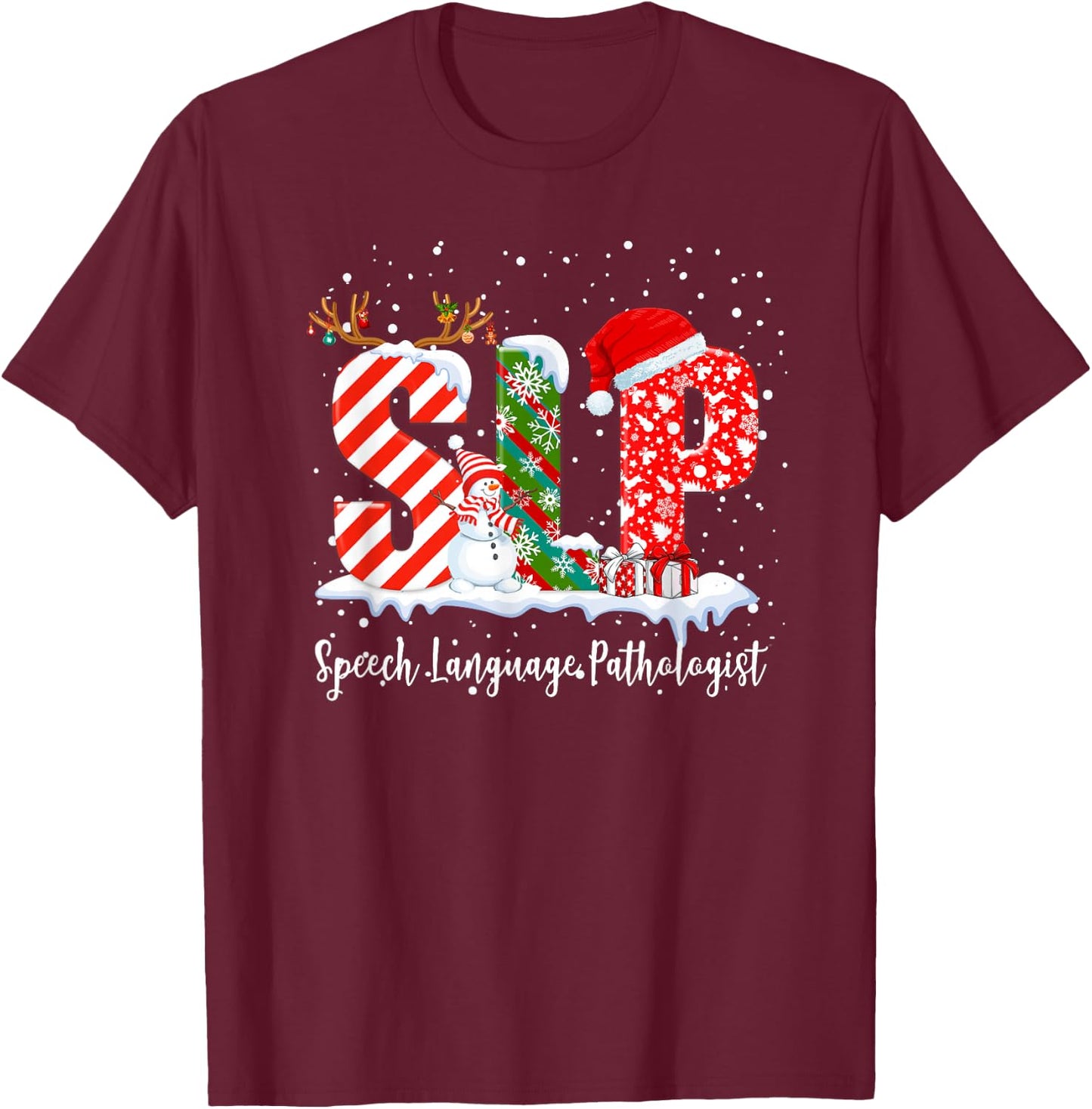 Funny SLP Speech Language Pathologist Santa Christmas Pajama T-Shirt - T-Shirt | Maroon