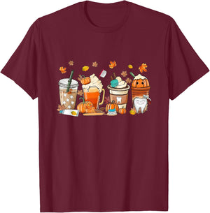 Retro Fall Coffee Dentist Tooth Thankful Dental Hygienist T-Shirt - T-Shirt | Maroon