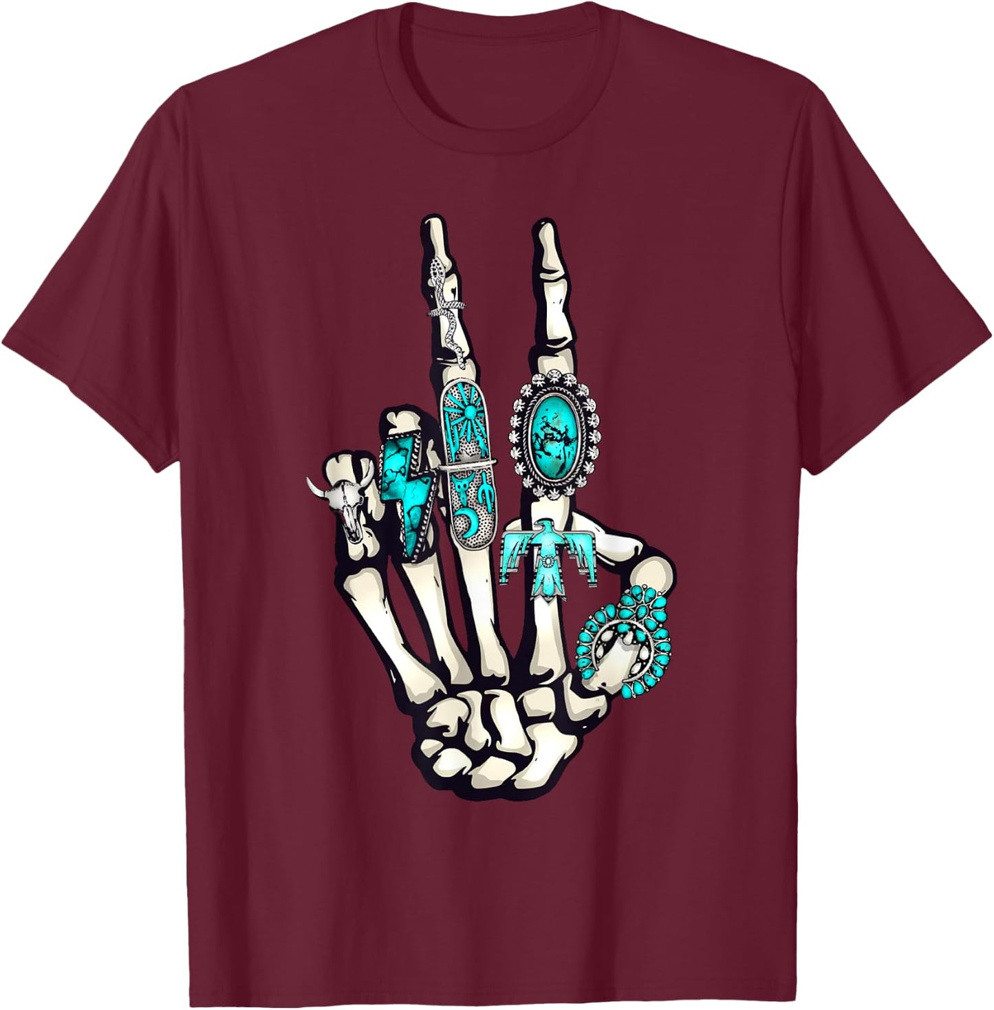 Skeleton with Turquoise Hand Western Skeleton Rings Lover T-Shirt - T-Shirt | Maroon