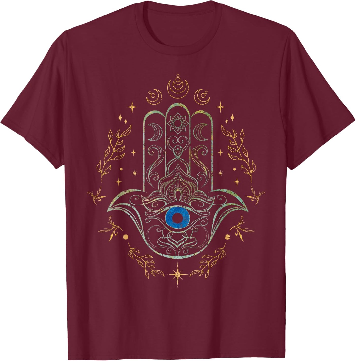 Evil Eye Hamsa Hand Nazar Amulet Protection Celestial Yoga T-Shirt - T-Shirt | Maroon