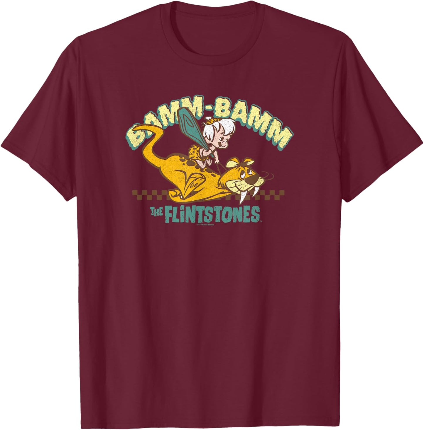 The Flintstones Bamm-Bamm Riding Baby Puss Distressed T-Shirt - T-Shirt | Maroon