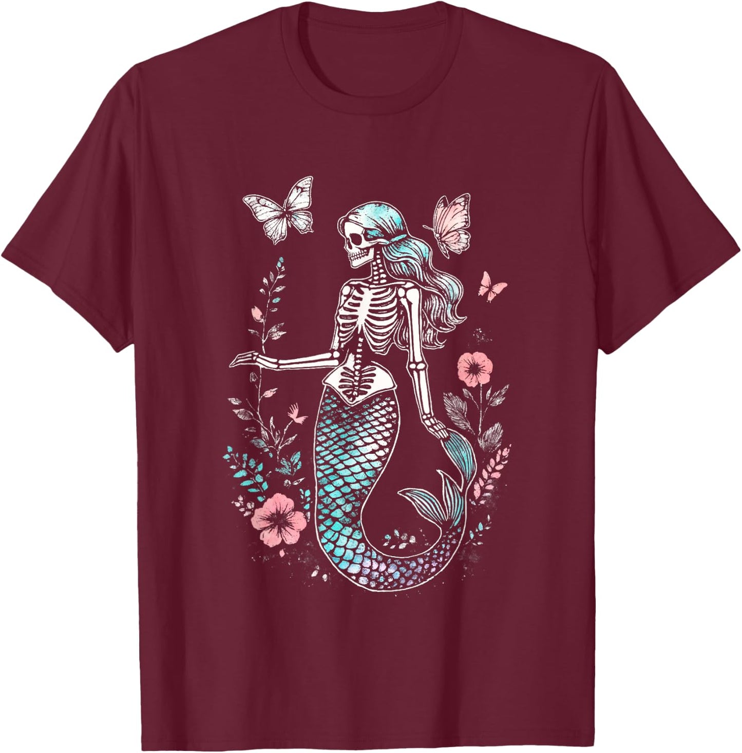 Goth Floral Butterflies Kawaii Skeleton Mermaid T-Shirt - T-Shirt | Maroon
