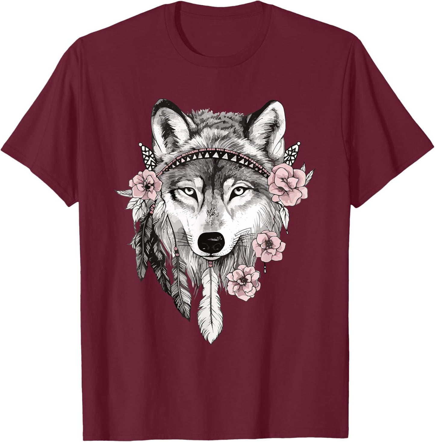 Ethnic Tribal Wolf Head Boho Feather Native American Art T-Shirt - T-Shirt | Maroon