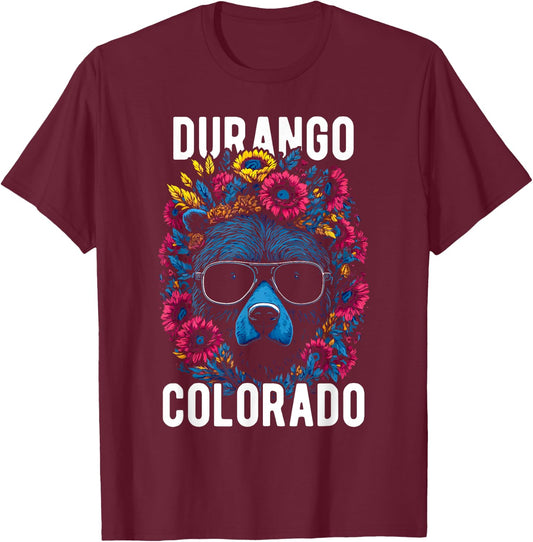 Durango Colorado USA Fun Bear with Flowers Design T-Shirt - T-Shirt | Maroon