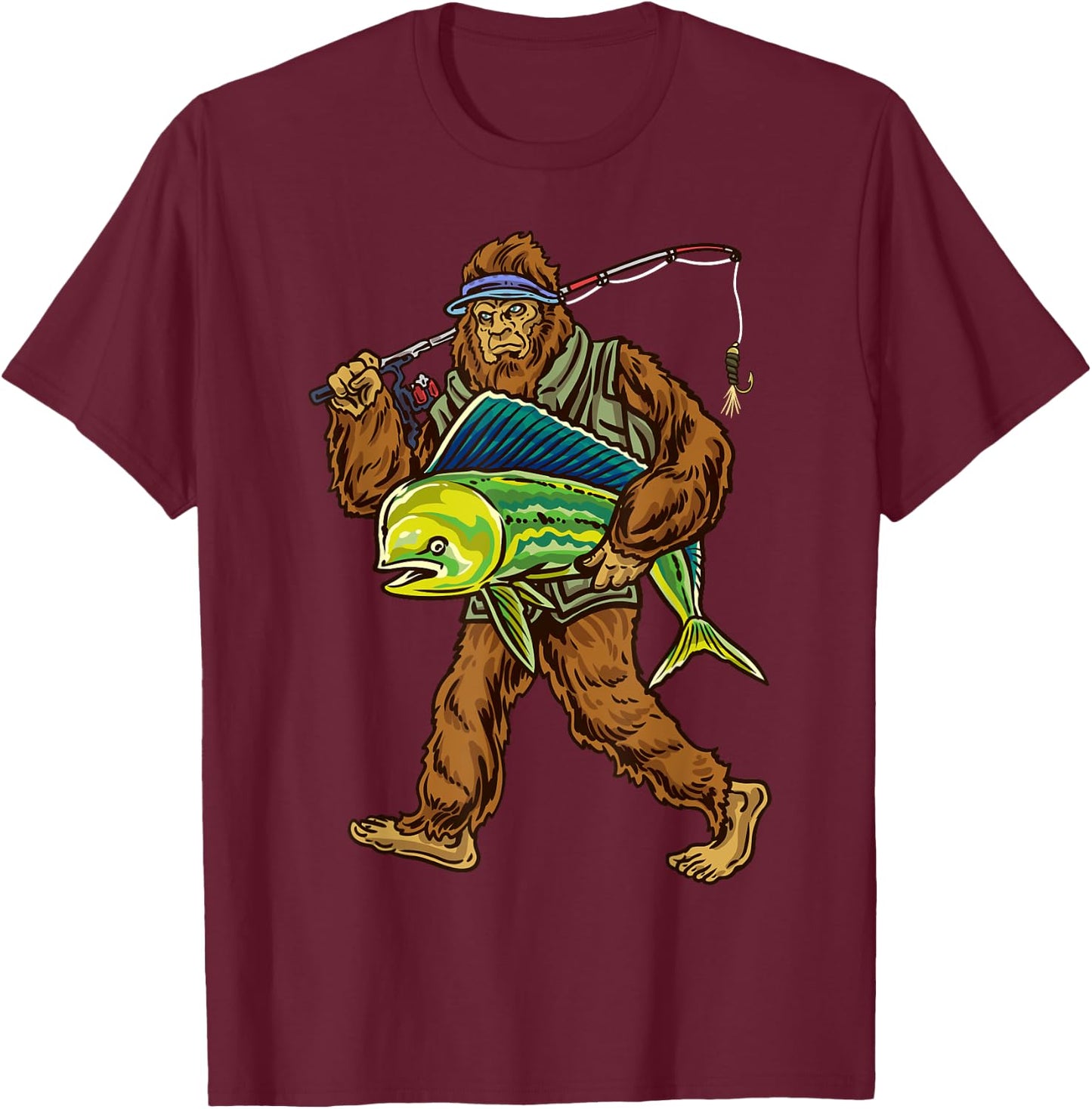 Mahi Fishing Bigfoot Ocean Dorado Fisherman T-Shirt - T-Shirt | Maroon