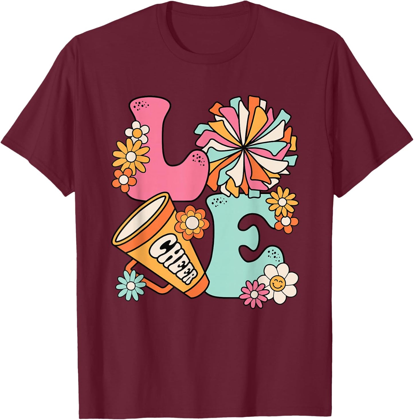 Love Cheer Groovy Cheerleader Cheerleading Women Girls Teens T-Shirt - T-Shirt | Maroon