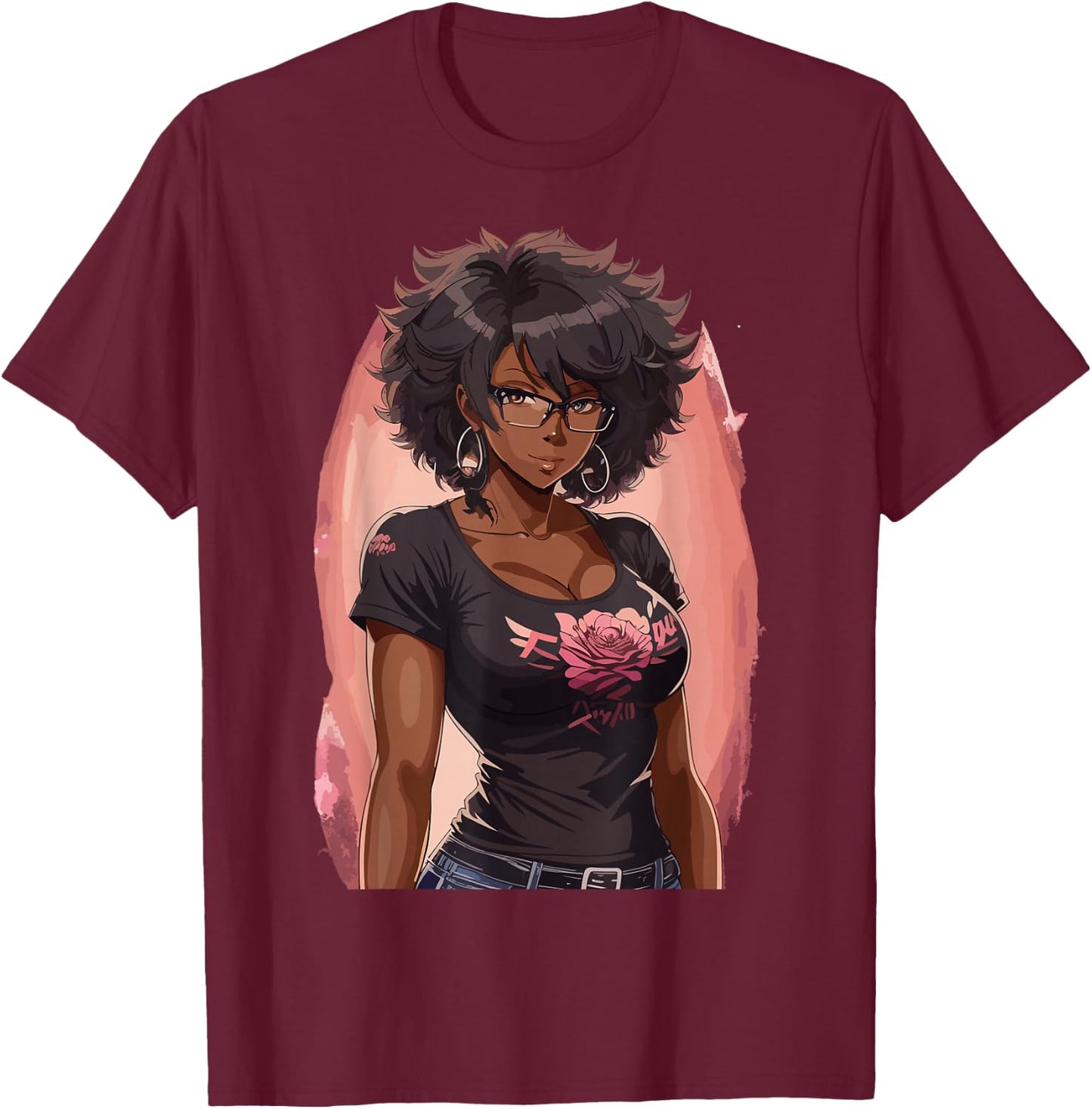 Black Anime Girl Kawaii Waifu Aesthetic Japanese T-Shirt - T-Shirt | Maroon