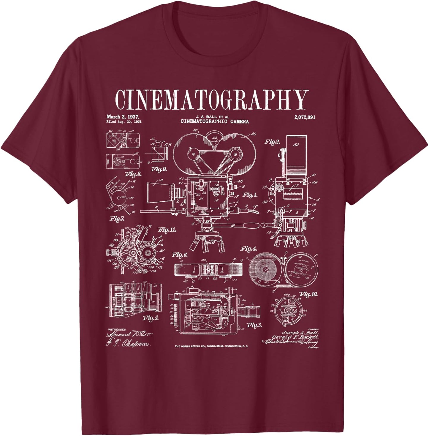 Cinematography Movie Film Camera Vintage Patent Print T-Shirt - T-Shirt | Maroon