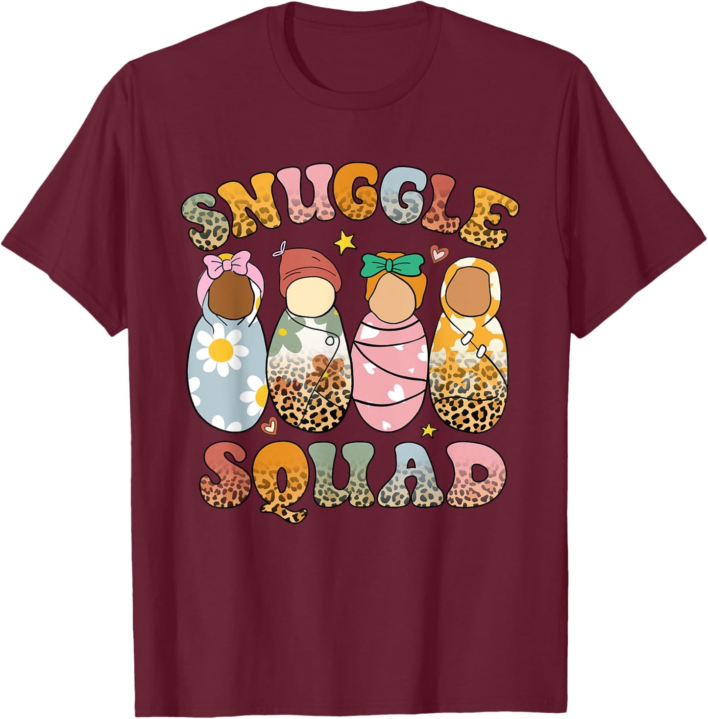 Retro Groovy Snuggle Squad Leopard Babies NICU Nurse T-Shirt - T-Shirt | Maroon
