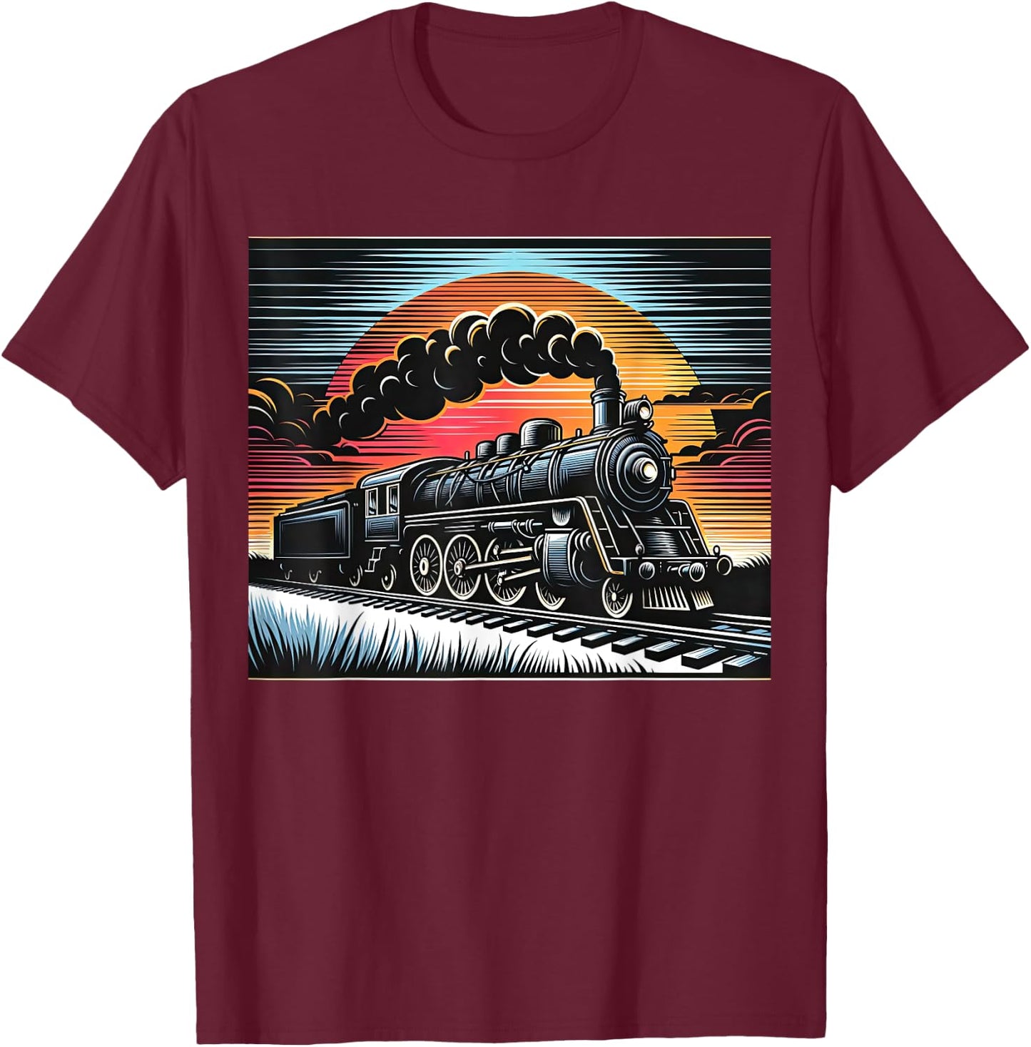 Vintage Steam Engine Train Locomotive Cool Sunset Railroad T-Shirt - T-Shirt | Maroon