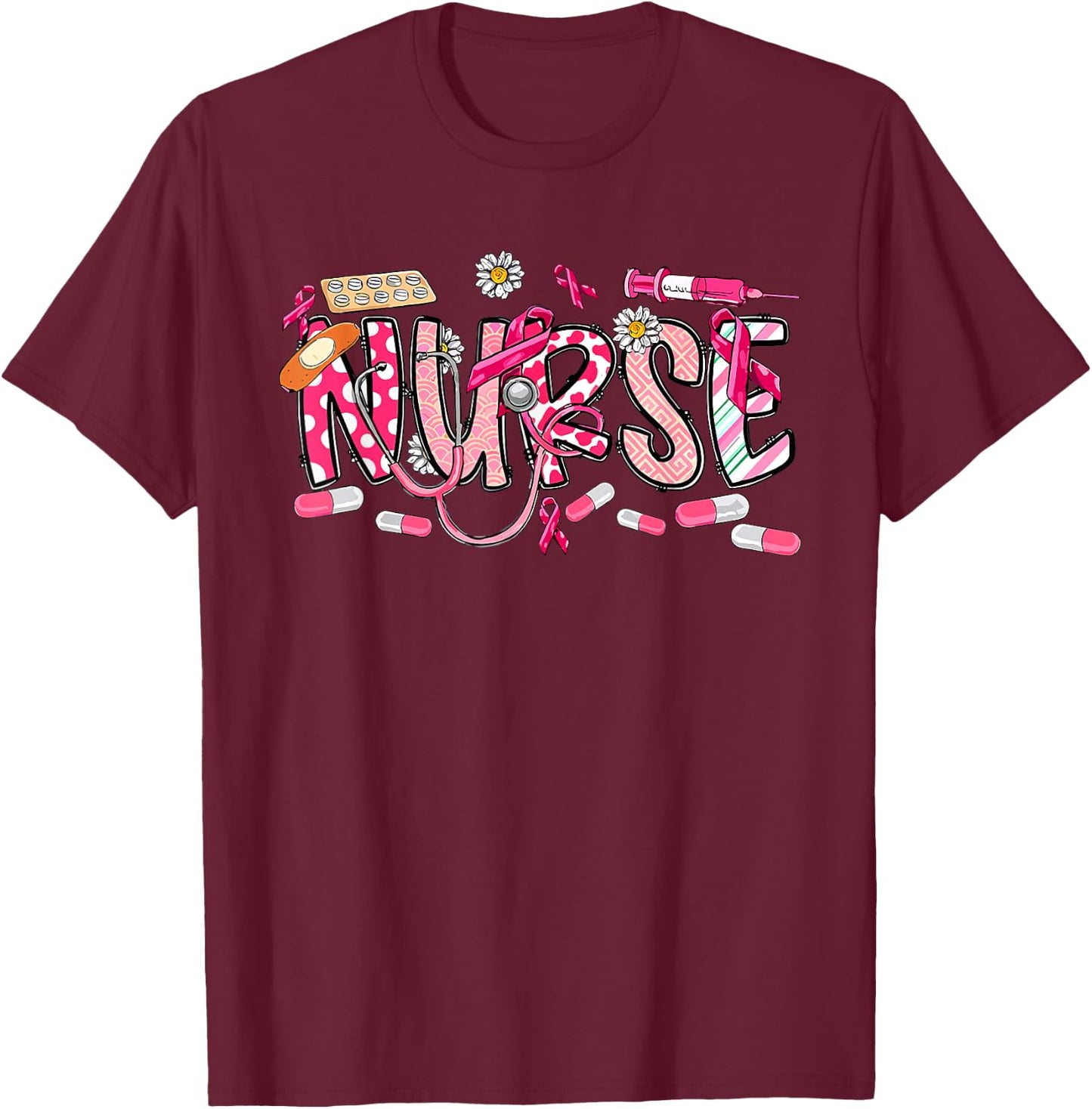 Pink Stethoscope Nurse Medical Breast Cancer Awareness T-Shirt - T-Shirt | Maroon