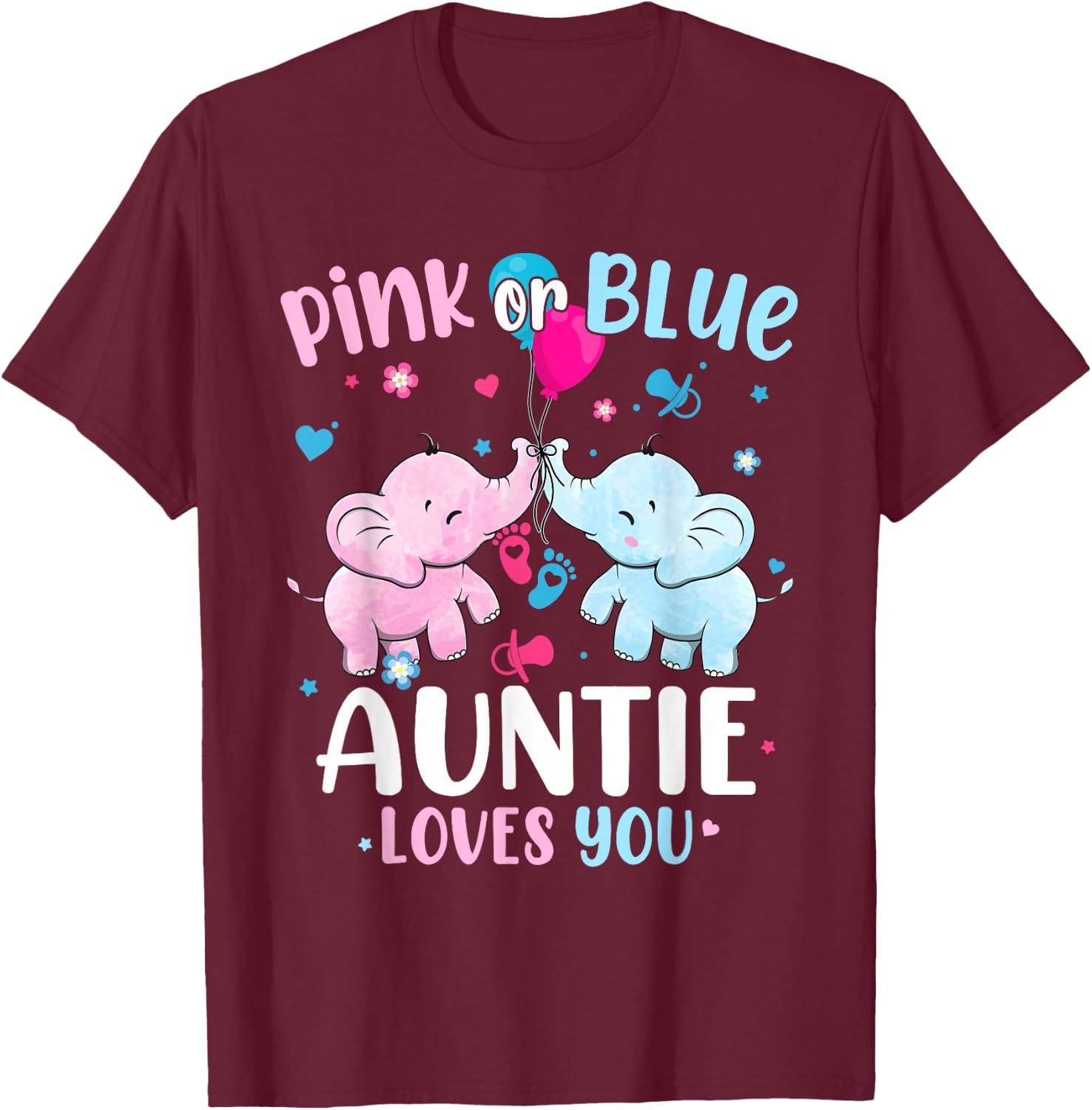 Pink or Blue Auntie Loves You Gender Reveal Elephant T-Shirt - T-Shirt | Maroon