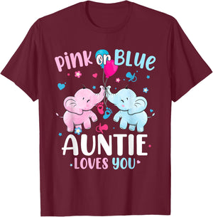 Pink or Blue Auntie Loves You Gender Reveal Elephant T-Shirt - T-Shirt | Maroon
