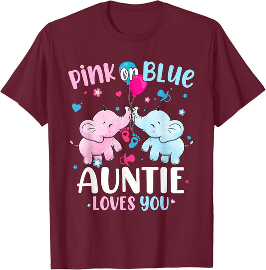 Pink or Blue Auntie Loves You Gender Reveal Elephant T-Shirt - T-Shirt | Maroon