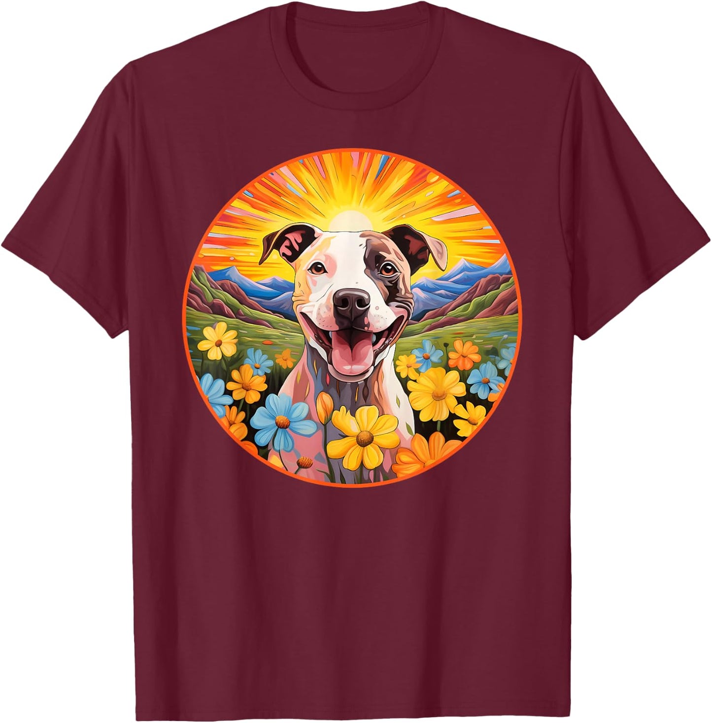 Cute Pitbull Colorful Flower Mountain Sunset Puppy Dog T-Shirt - T-Shirt | Maroon